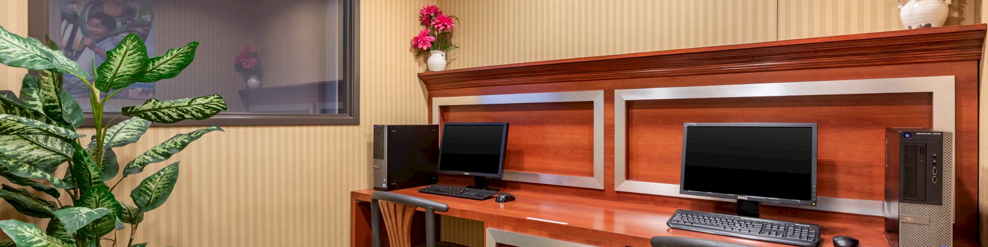 The image shows a small computer room with two desks, each featuring a monitor, keyboard, and computer tower, and decorated with plants and flowers.