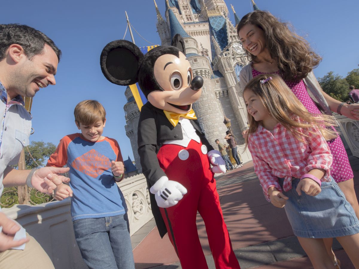 A family joyfully interacts with a person dressed as Mickey Mouse in front of a castle at an amusement park.