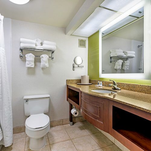 The image shows a clean, modern bathroom with a bathtub, shower curtain, toilet, sink, large mirror, and a rack with neatly folded towels.