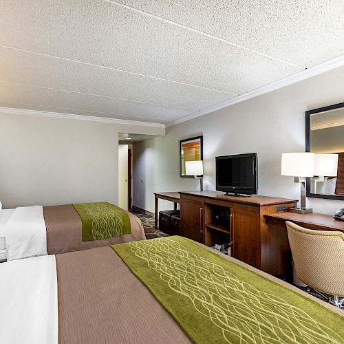 Two double beds with green and brown bedding, a desk, chair, TV, mirror, and lamps in a hotel room.