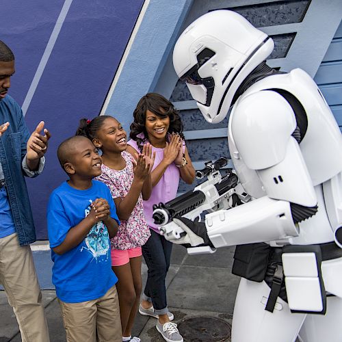 A family interacts excitedly with two Stormtroopers from Star Wars at an amusement park or themed event.