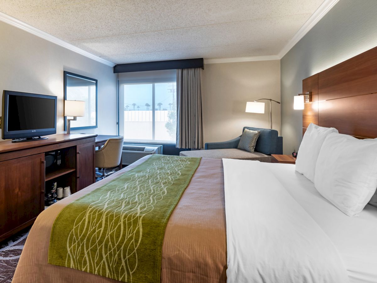 A well-lit hotel room with a bed, TV, desk, chair, and window, featuring neutral and green tones.