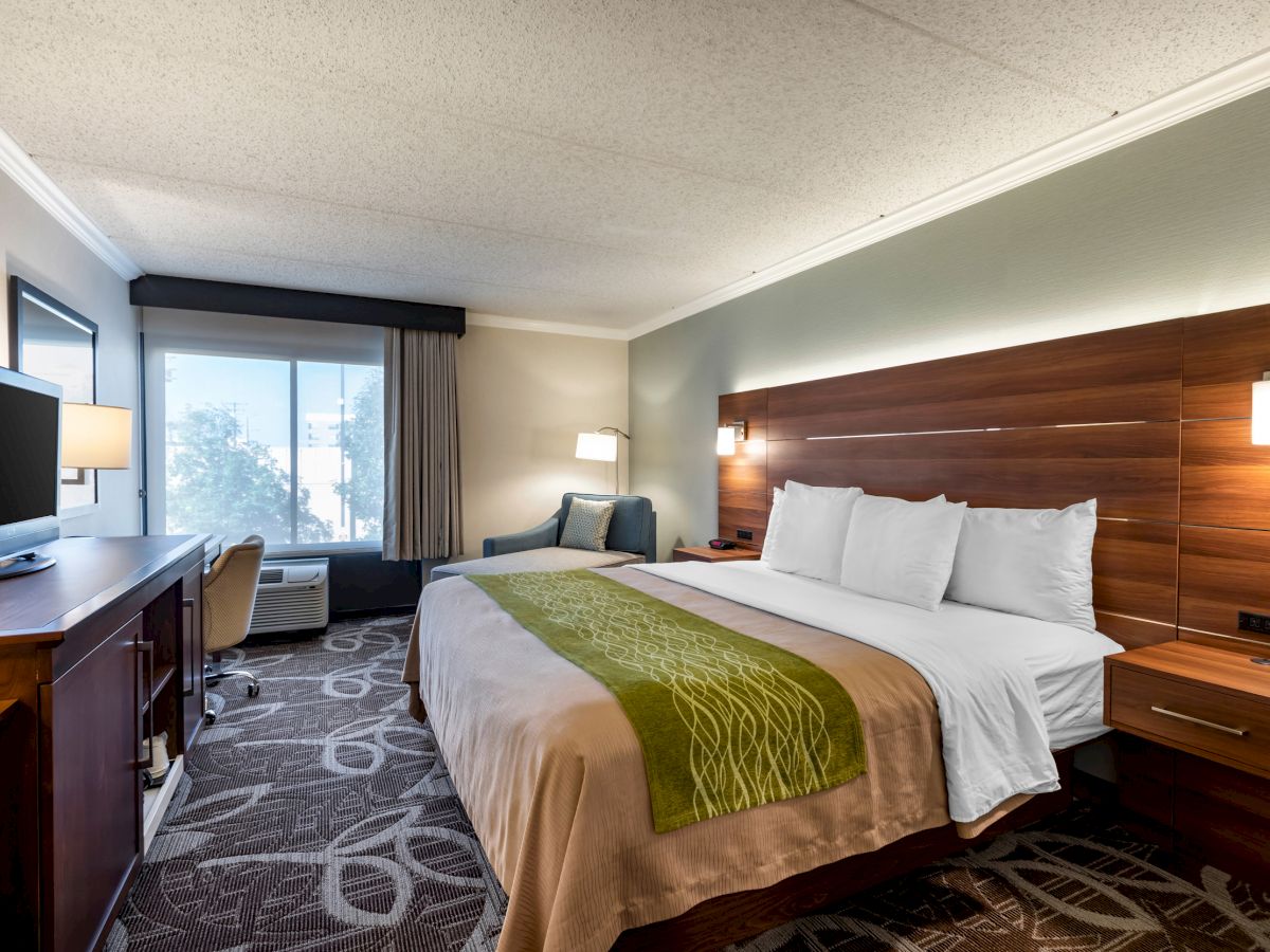 A neatly arranged hotel room with a king-size bed, a TV on a desk, an armchair, and a window with daylight streaming in.